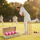 Cricket training ball with reverse swing capability, in red/white and pink/white
