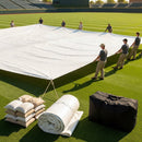 Green heavy-duty baseball field tarp with reinforced edges and handles