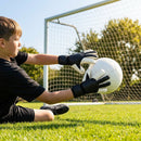 Hybrid goalkeeper gloves in white and black with neoprene backhand