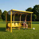 Fixed team shelter with aluminium frame and polycarbonate panels for sports