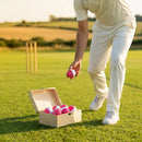 Cricket training ball with reverse swing capability, in red/white and pink/white