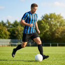 Men's striped football kit with shirt, shorts, and socks