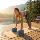 High-density EVA foam yoga block in Slate Blue, Charcoal, and Beige