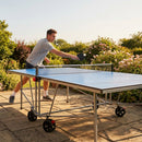 Outdoor table tennis table with steel frame and blue resin top