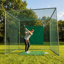 Socketed golf cage with green netting, ideal for garden and range use