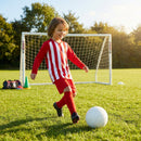 Kids' football kit with striped long sleeve shirt, shorts, and knee-high socks