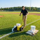 Baseball field line marker with steel tank and pneumatic wheels