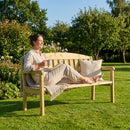 Wooden garden bench with natural finish, suitable for outdoor use