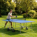 Outdoor table tennis table with steel frame and blue resin top