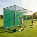 Socketed golf cage with green netting, ideal for garden and range use