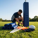 Rugby ground equipment package with foam-padded protectors and custom flags