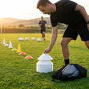 Set of vibrant football training cones in various sizes and colours