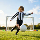 Kids' football kit with striped long sleeve shirt, shorts, and knee-high socks