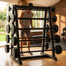 Steel barbell rack set for gym use, featuring a heavy-duty frame.