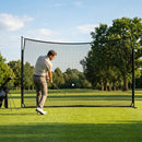 Ball stop netting system with steel posts and HDPP netting