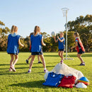 Netball Bibs in red and blue, available for kids, juniors, and seniors