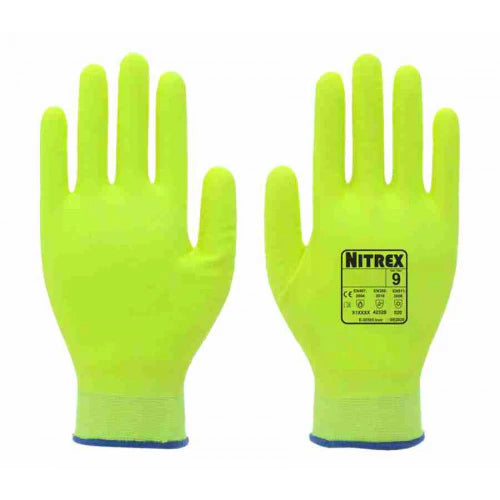 Green Yellow Hi Viz Premium Thermal Work Gloves - Fully Coated Foam Nitrile - Cold & Heat Protection - Sanitized® Actifresh - In Bags of 10 Pairs