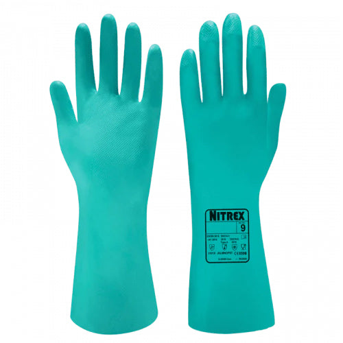 Light Sea Green Flock Lined Nitrile Gloves - Chemical Resistant - Food Safe - Abrasion Resistant - Wet Grip - In Bags of 10 Pairs