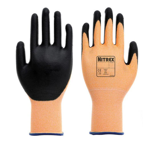 Dark Salmon PU Palm Coated Safety Gloves - Cut Level B - Equivalent Cut 3 Gloves - Orange Liner - Sanitized® Actifresh - In Bags of 10 Pairs