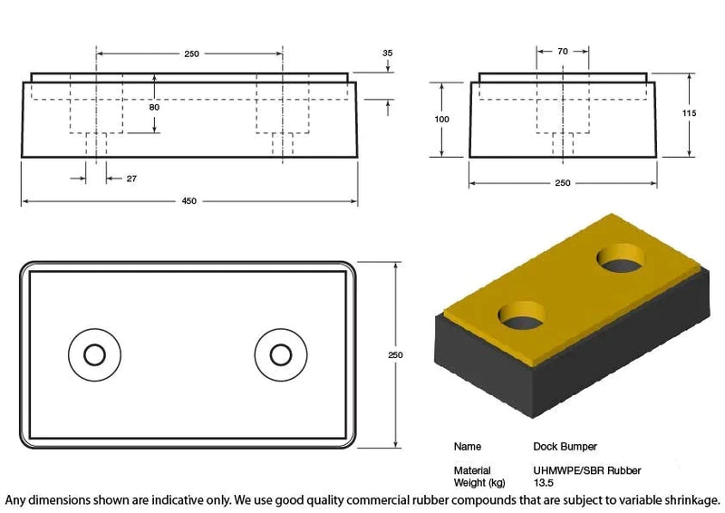 Dark Goldenrod SBR Rubber Dock Bumper 450 x 250 x 115mm