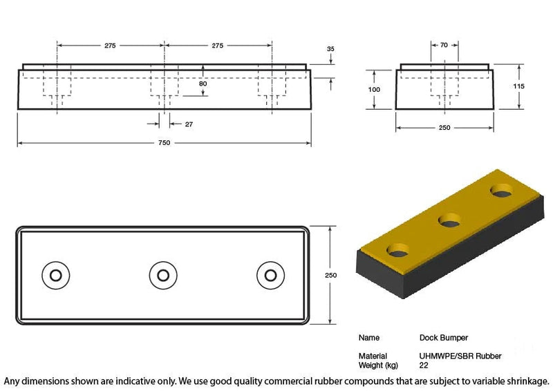 Dark Slate Gray SBR Rubber Dock Bumper 750 x 250 x 115mm