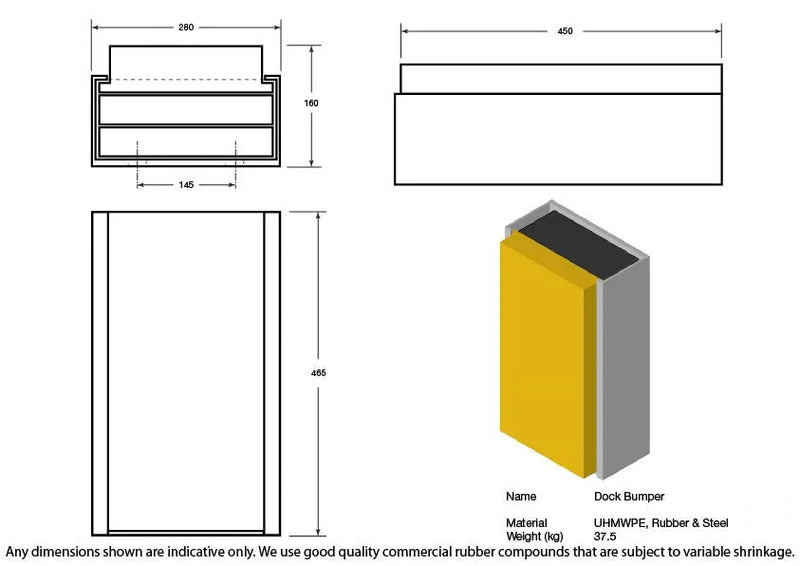 Light Slate Gray Rubber & Steel Dock Bumper 465 x 280 x 160mm