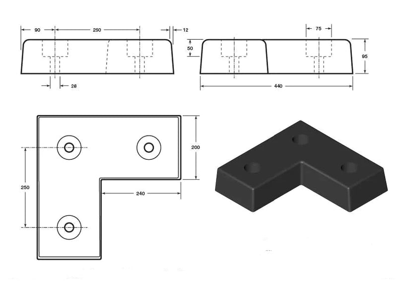 Light Gray L Shaped Dock Bumper 440 x 440 x 95mm